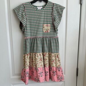 Bonnie Jean Green & Pink Striped Floral Patchwork Dress